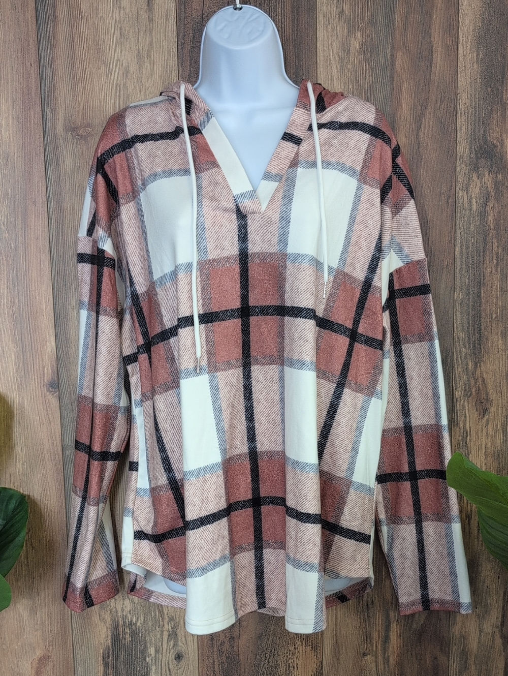 Plaid Hooded V-Neck Lightweight Pullover Hoodie XL                 T178